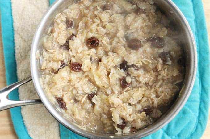 cooked apple cinnamon oatmeal in pot