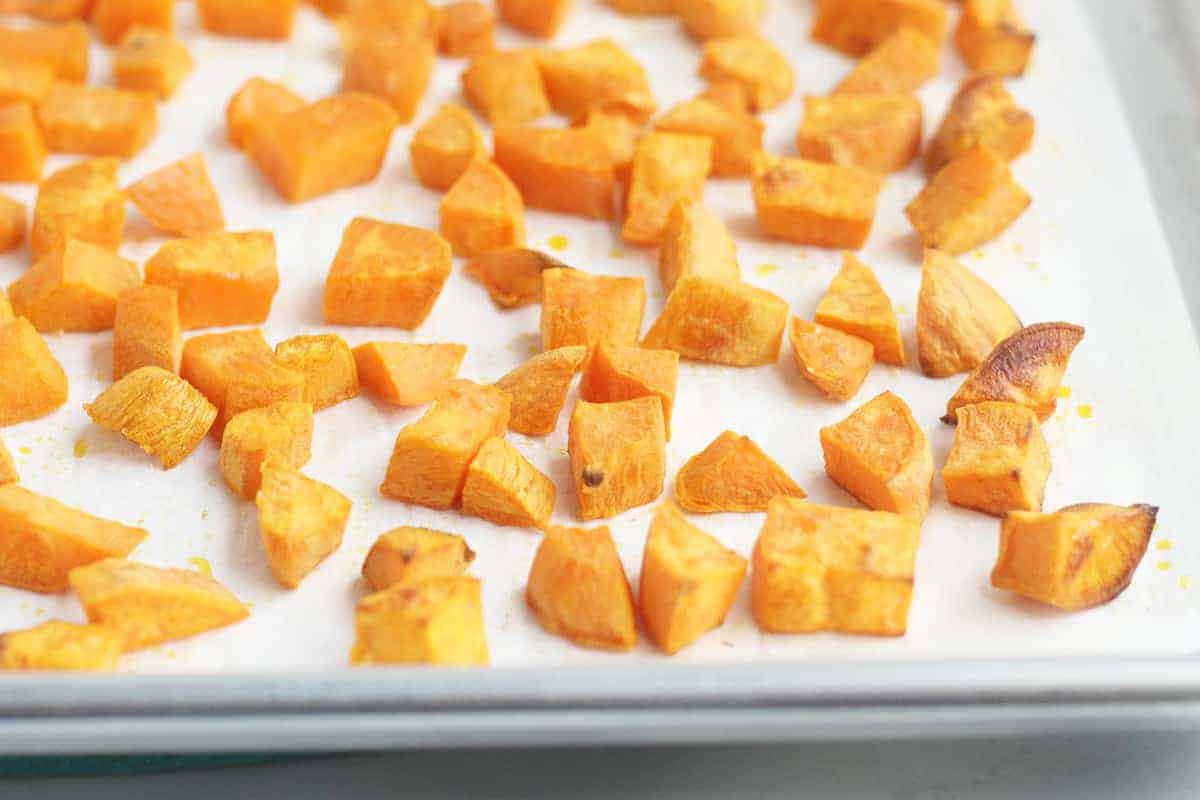 pan of roasted sweet potato cubes