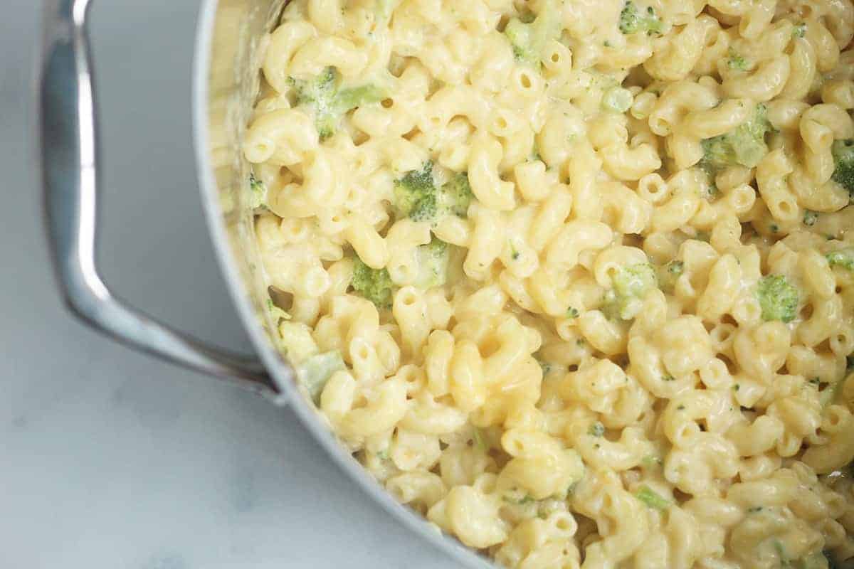 broccoli mac and cheese in pot
