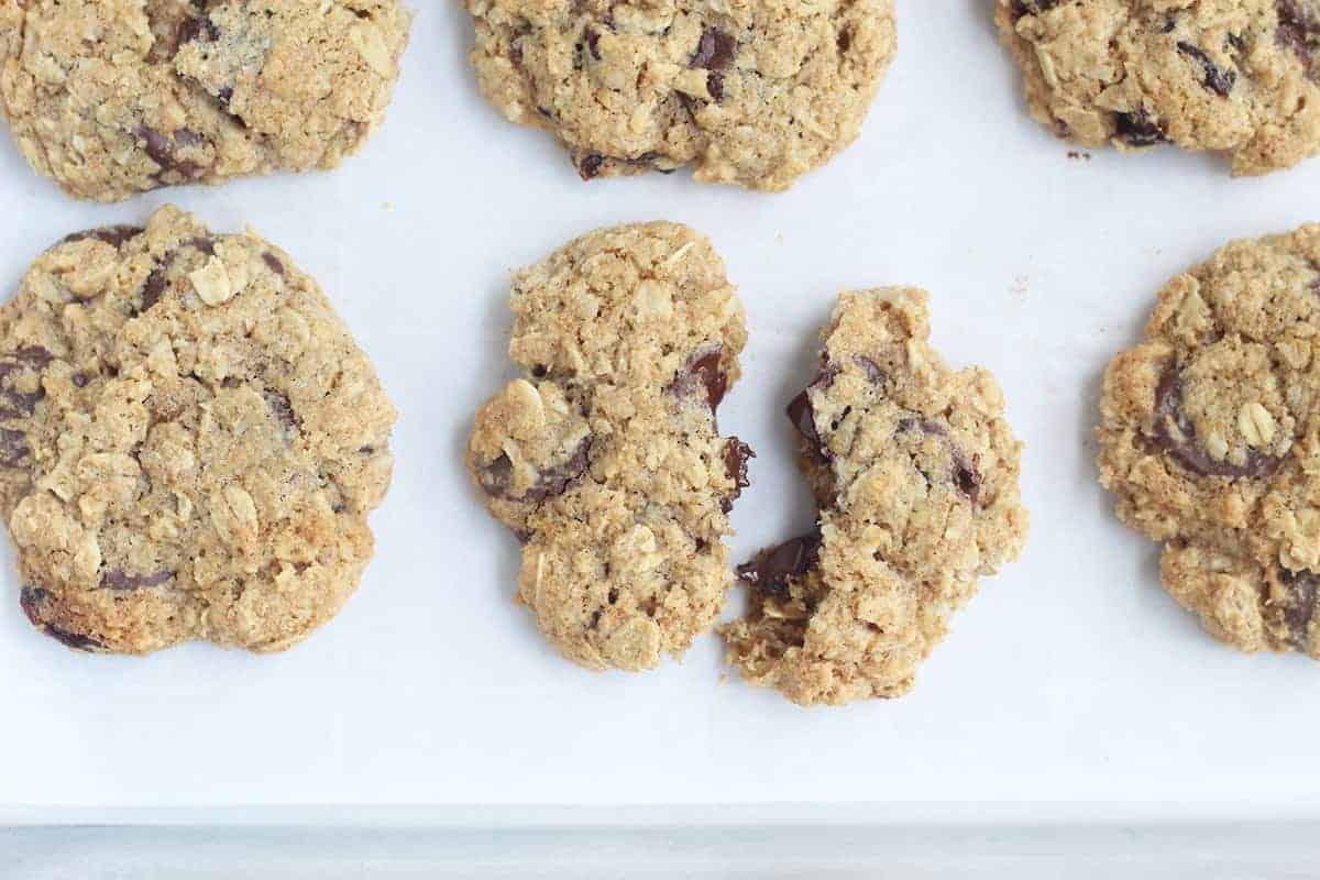 baked oatmeal chocolate chip cookies on tray
