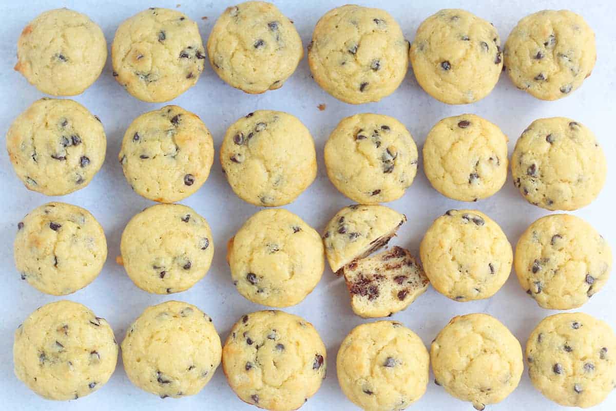 mini chocolate chip muffins on counter