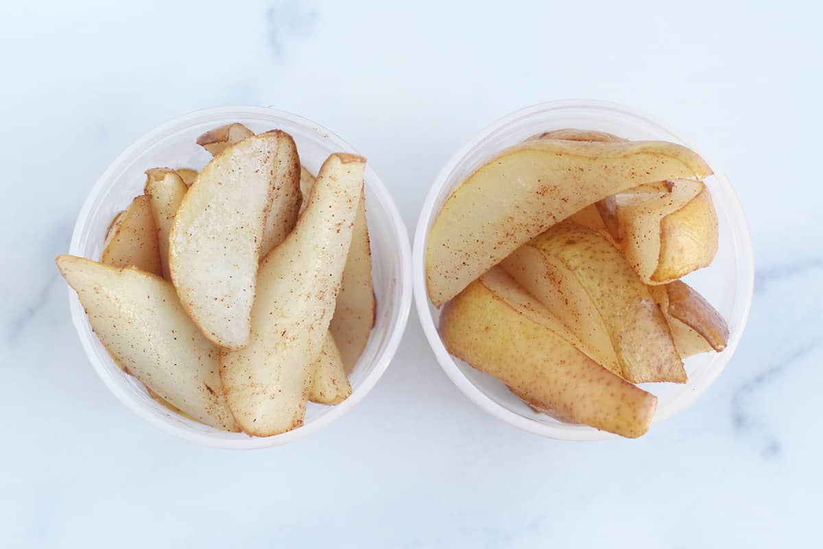 baked pear slices in containers