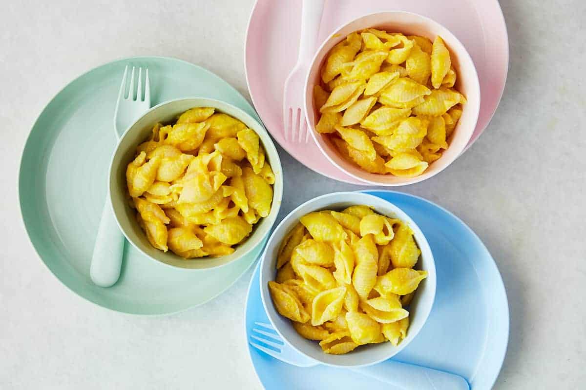 three bowls of butternut squash mac and cheese