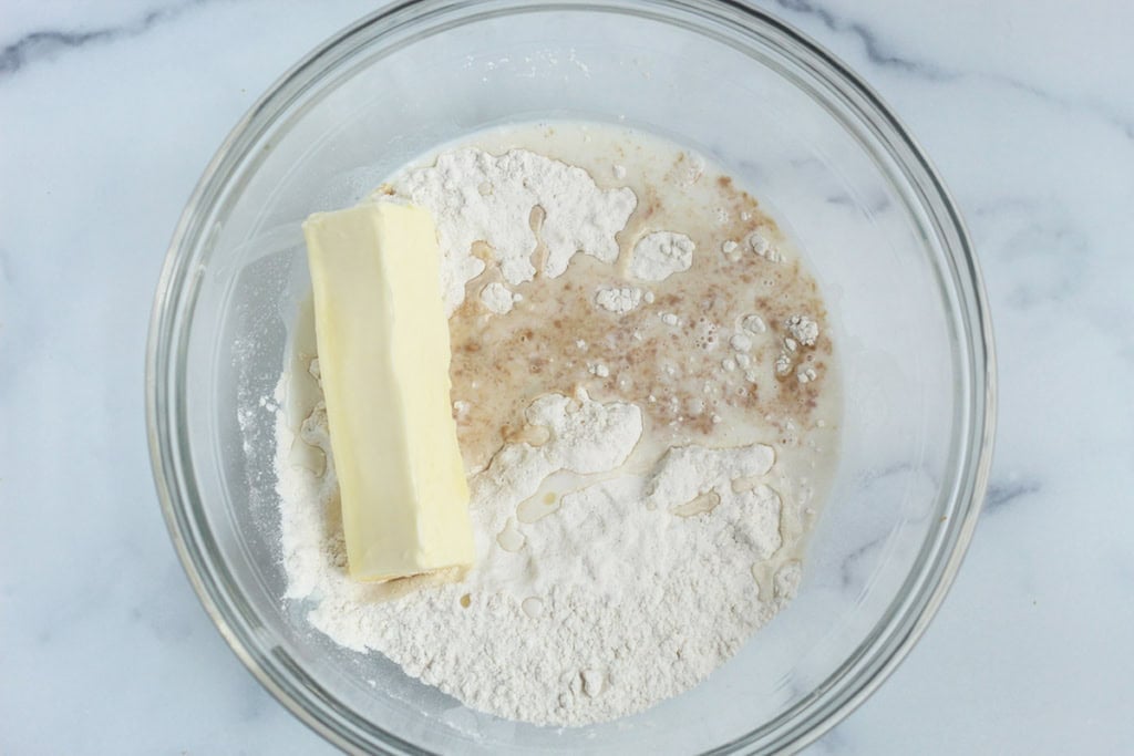 Ingredients for christmas cookies in glass bowl.