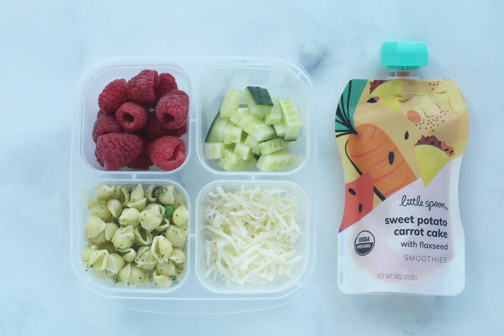 toddler lunch with little spoon smoothie