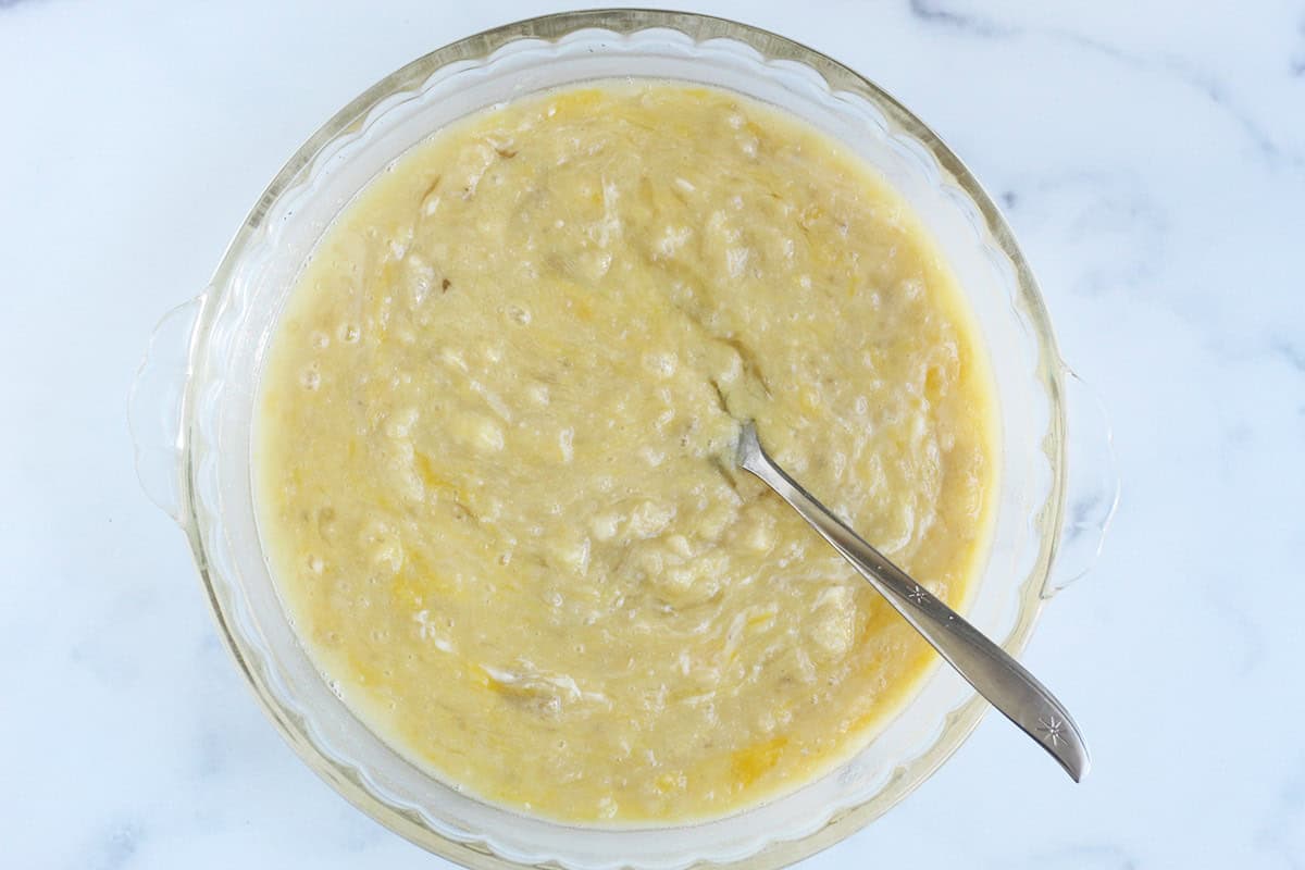batter for banana bread muffins in yellow bowl.