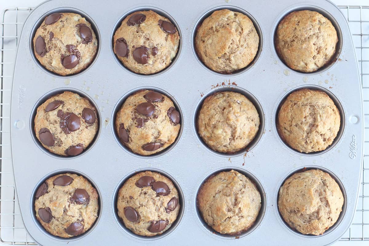 baked banana bread muffins in muffin tin.