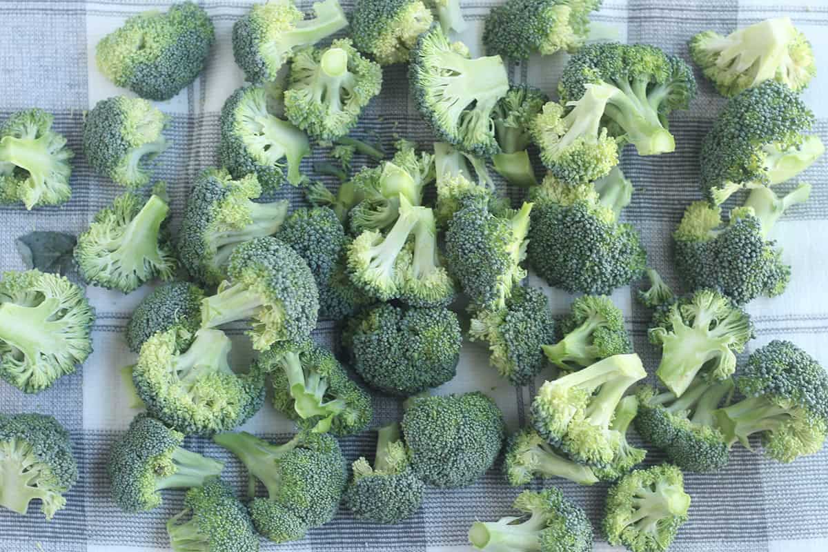 Broccoli florets on towel for boiled broccoli. 