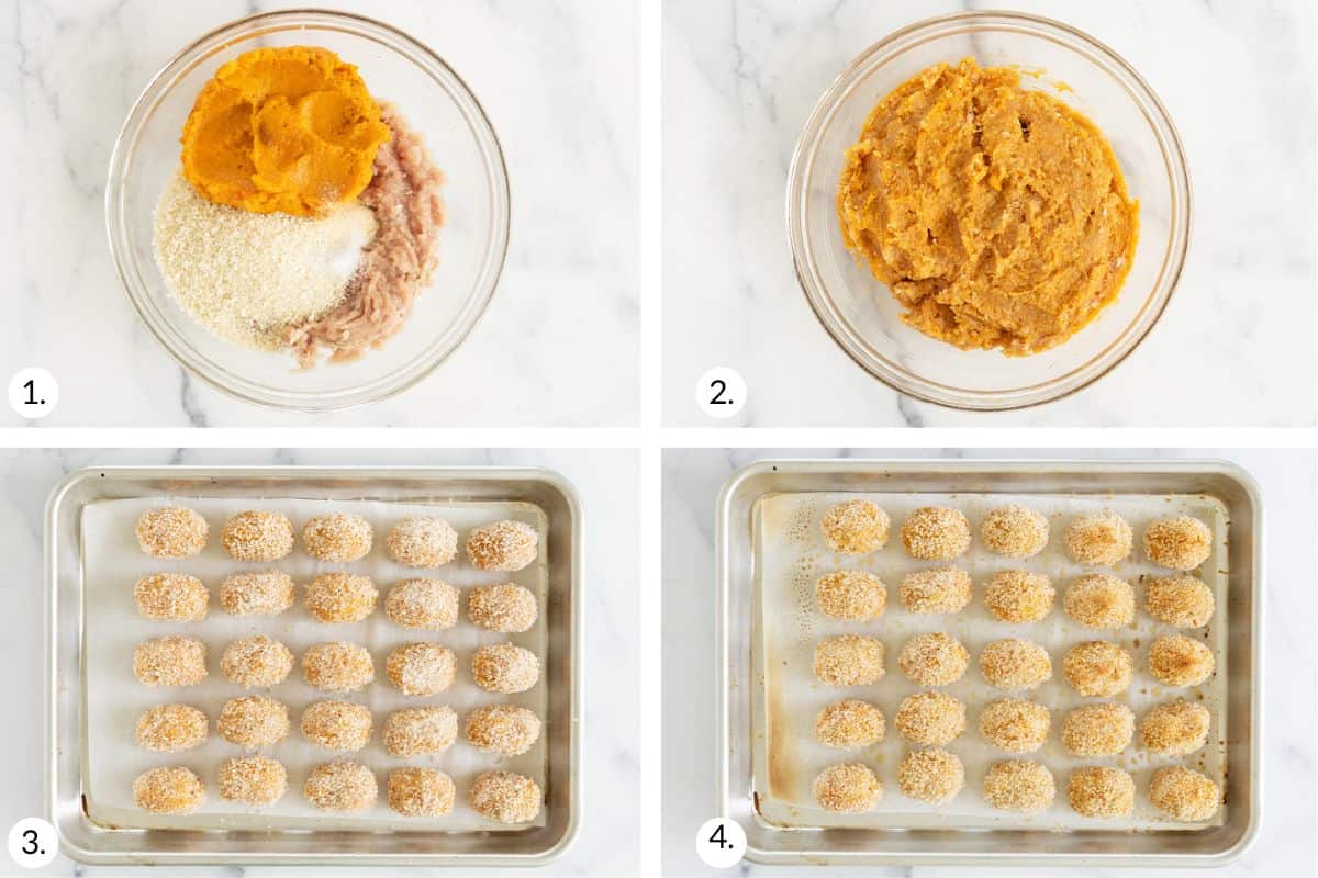 how to make chicken nuggets with sweet potato in grid of images.