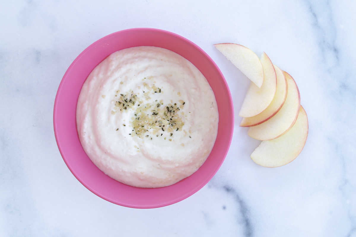 apple yogurt in pink bowl