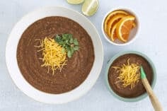 black bean soup in bowls on counter.