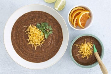 black bean soup in bowls on counter.