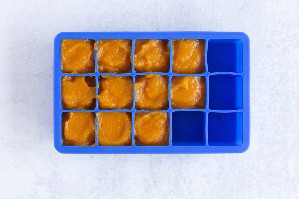 carrot baby food in ice cube tray for freezer