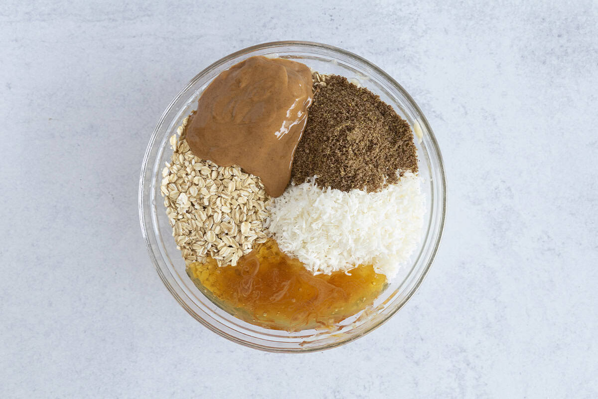ingredients for lactation cookie in glass bowl.
