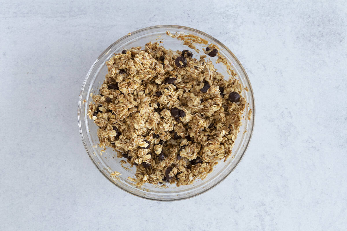 mixed batter for lactation cookies in glass bowl.