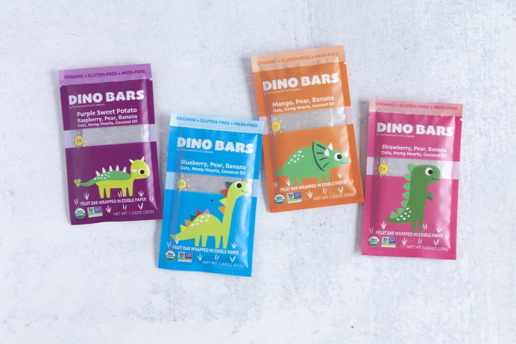 dino bars in four flavors on countertop