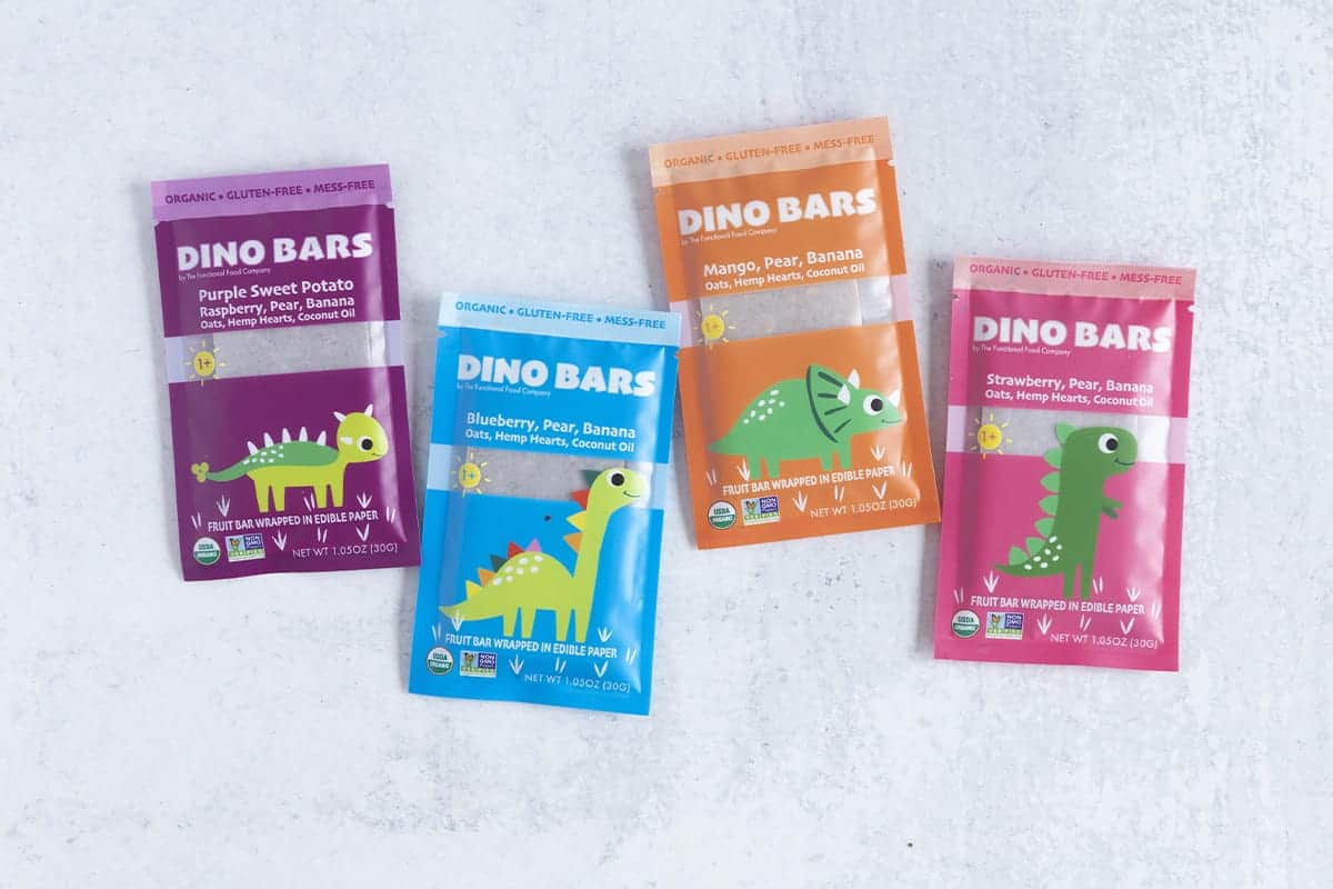 dino bars in four flavors on kitchen counter