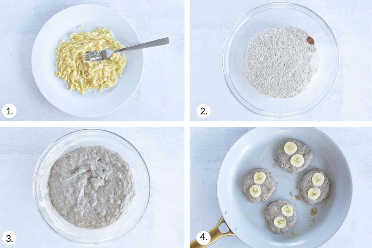 how to make vegan banana pancakes step by step in a grid
