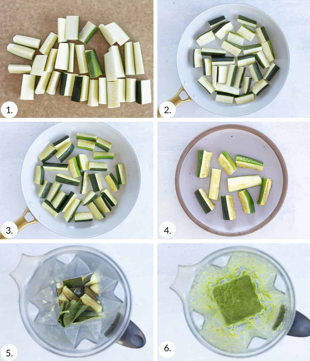 how to make zucchini baby food step by step in grid of 6 photos