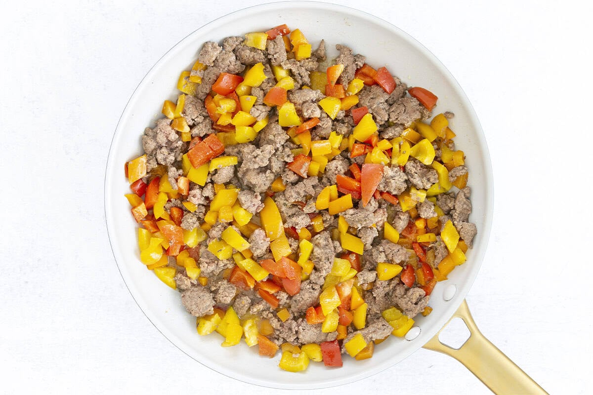 cooked unstuffed skillet ingredients in white pan.