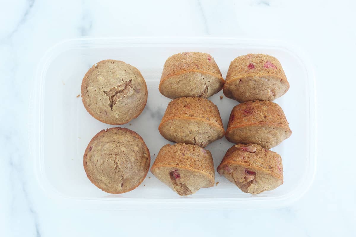 Healthy Strawberry Muffins in a container.