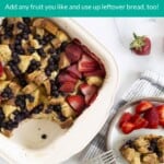 Baked french toast casserole in baking dish and on plate pin