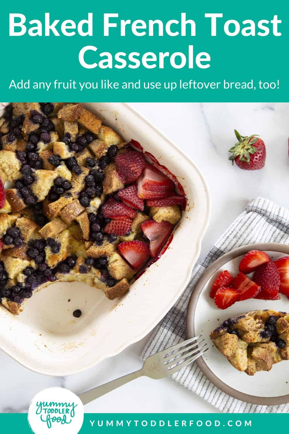baked french toast casserole recipe on countertop with berries.