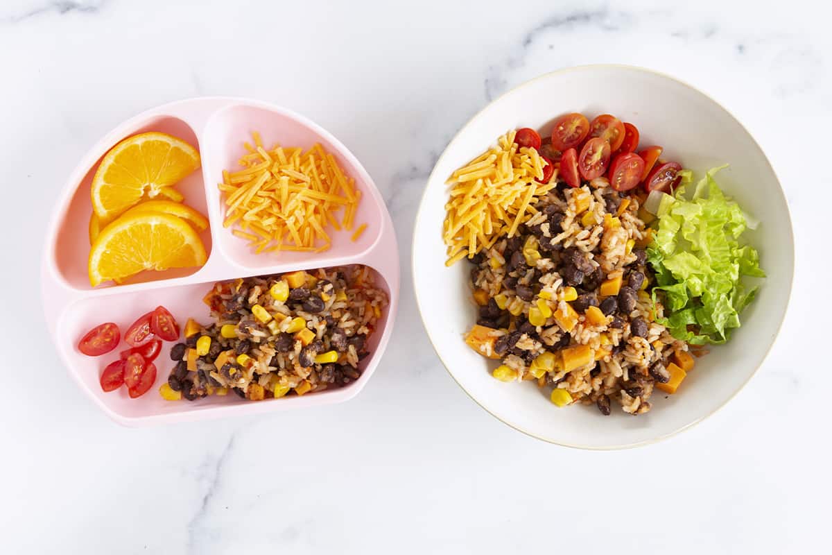 quick burrito bowl in adult and kids plates