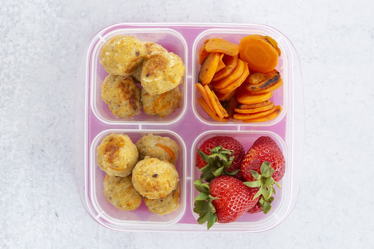 chicken meatballs lunchbox with strawberries