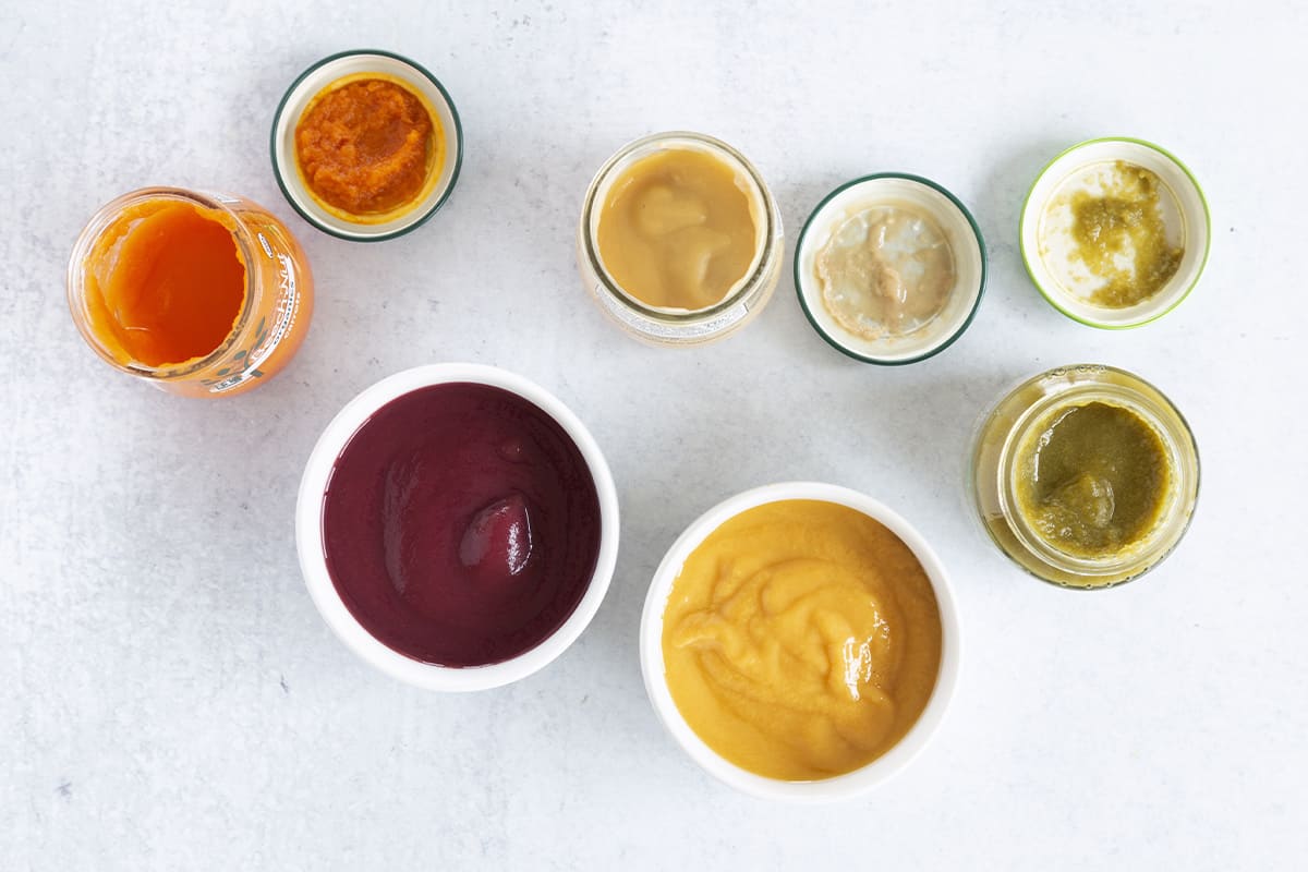 organic baby food purees in jars on countertop