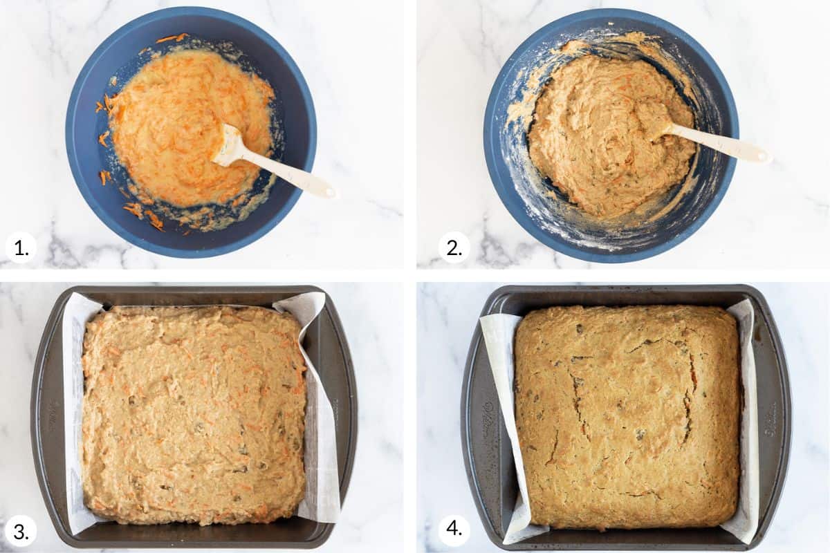 how to make carrot cake bars in grid of 4 images.