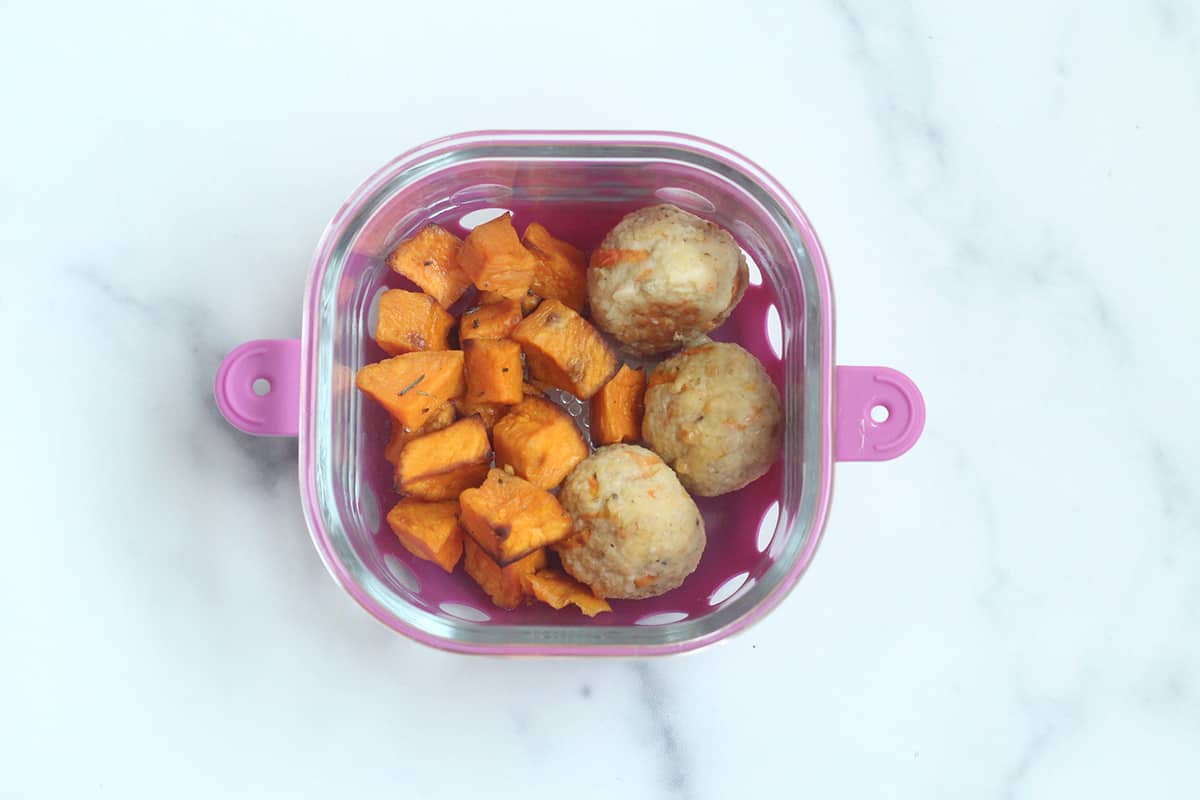 leftover meatballs and sweet potatoes in container