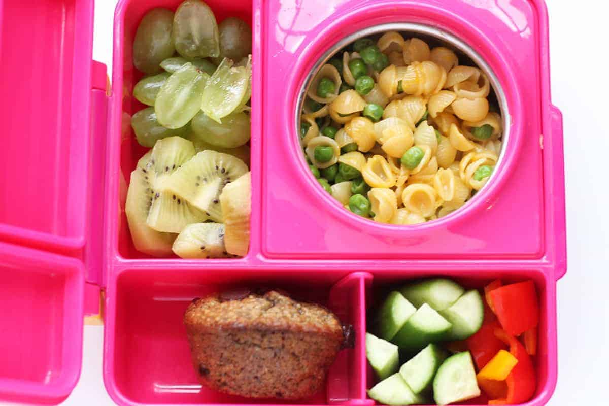 Mac and Cheese in pink lunchbox for a vegetarian lunch idea.