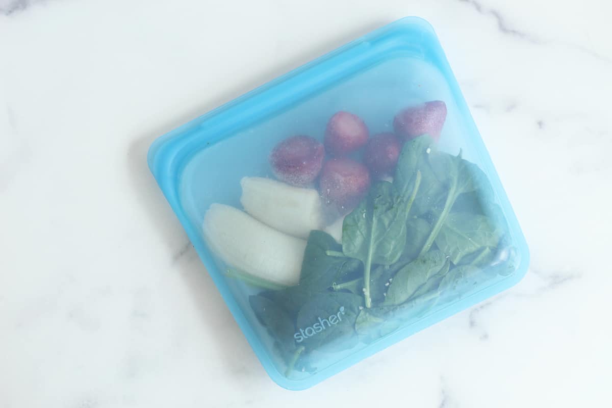 meal prep smoothie pack in blue freezer bag