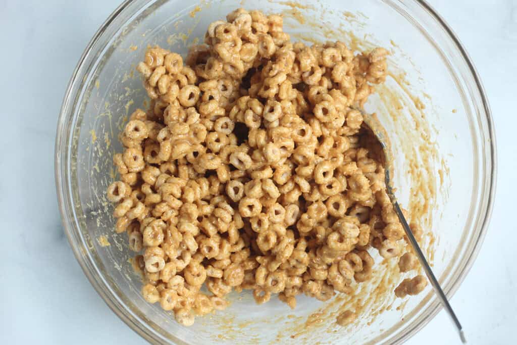 batter for cereal bars in bowl on counter.