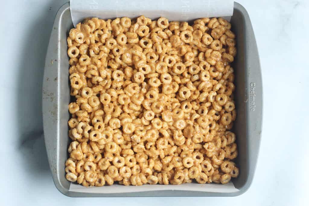 batter for cereal bars in baking pan on counter.