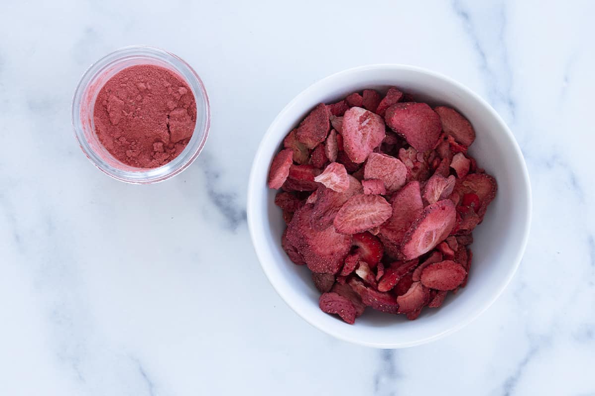 ground up freeze dried strawberries in bowl.