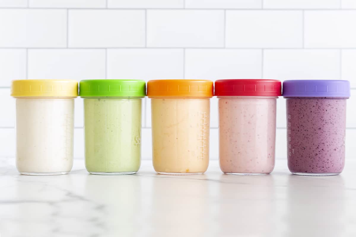 Yogurt drinks for toddler snack in various flavors in 5 containers with lids