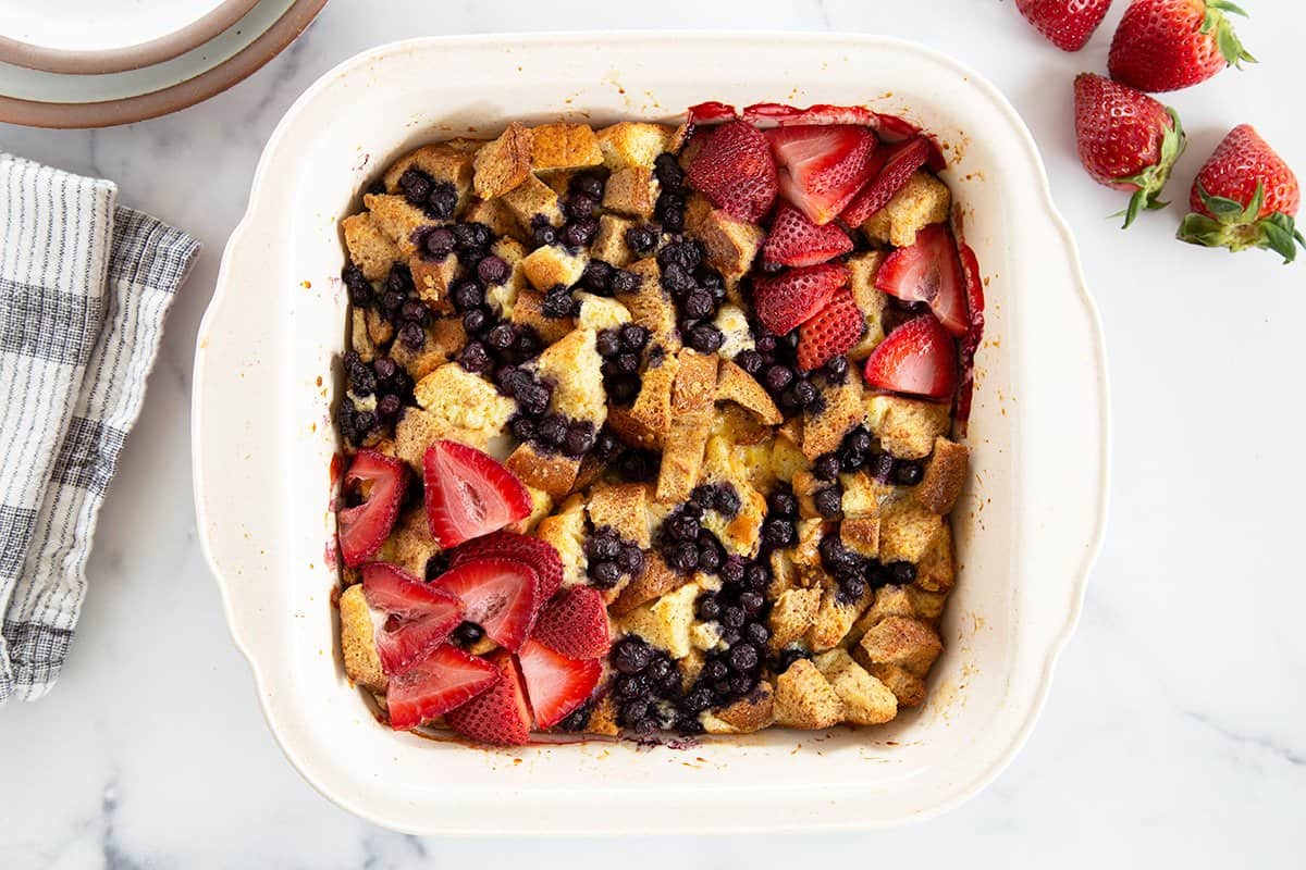 baked french toast casserole in pan on counter.