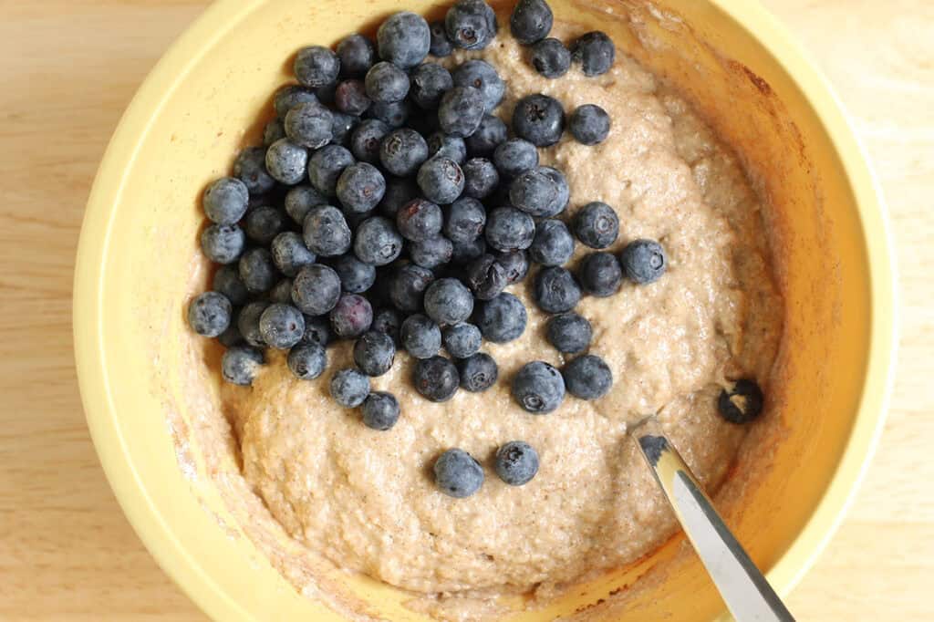 blueberry smash cake batter in bowl.