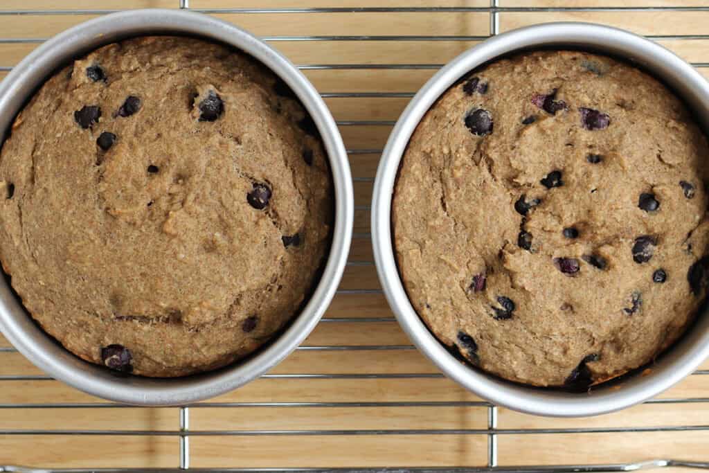 blueberry smash cake batter baked in pans.