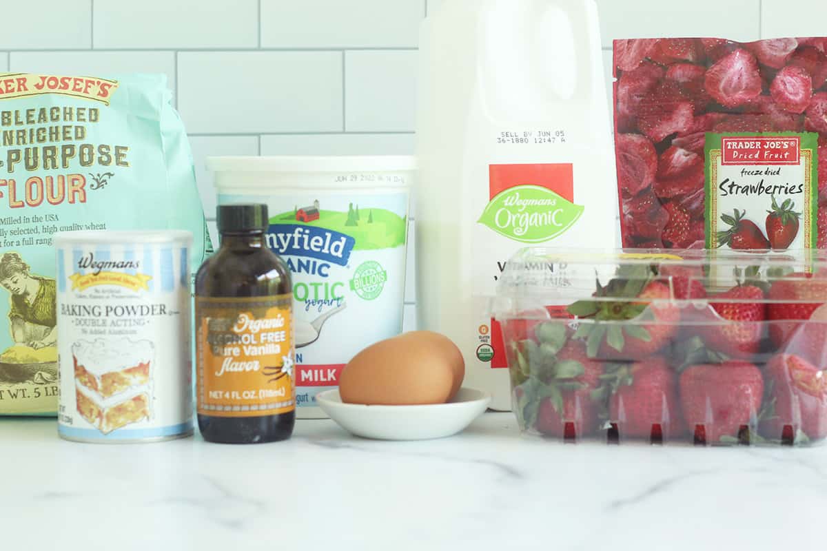 ingredients in strawberry pancakes on counter.