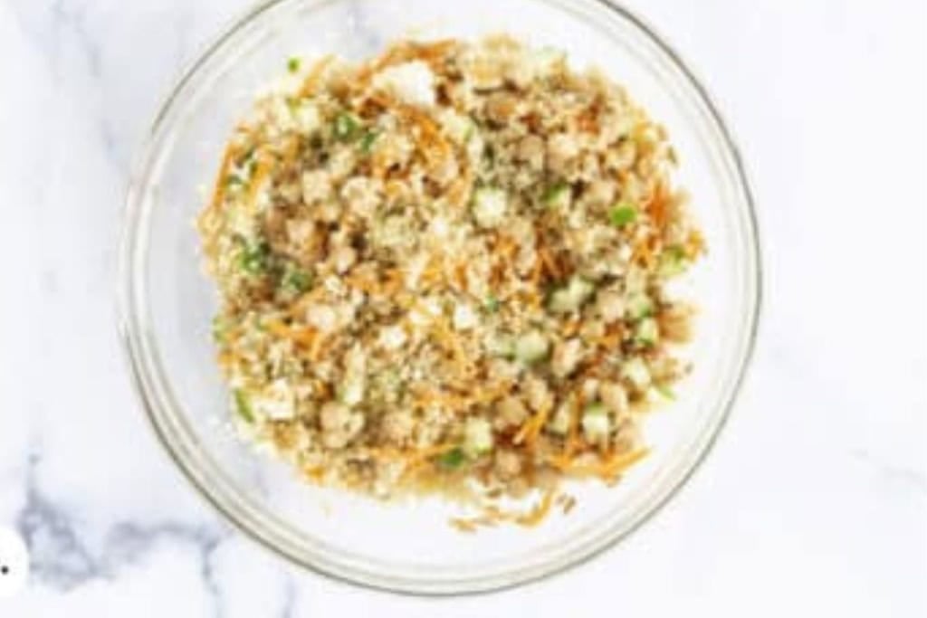 Quinoa salad in glass bowl.