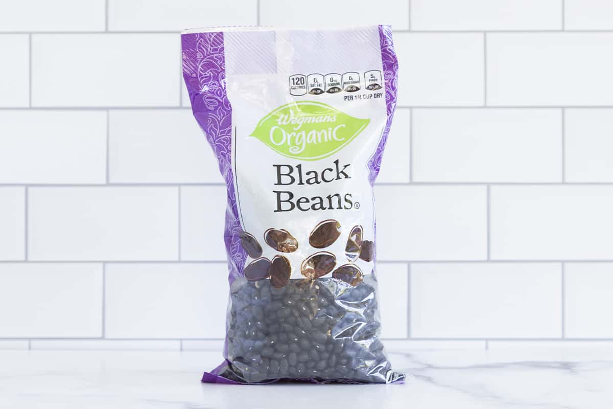 bag of dried black beans on counter.