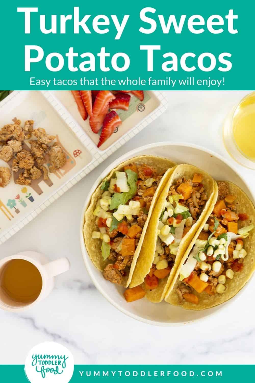 turkey sweet potato tacos on plate with deconstructed kids taco on kids plate with fork on side