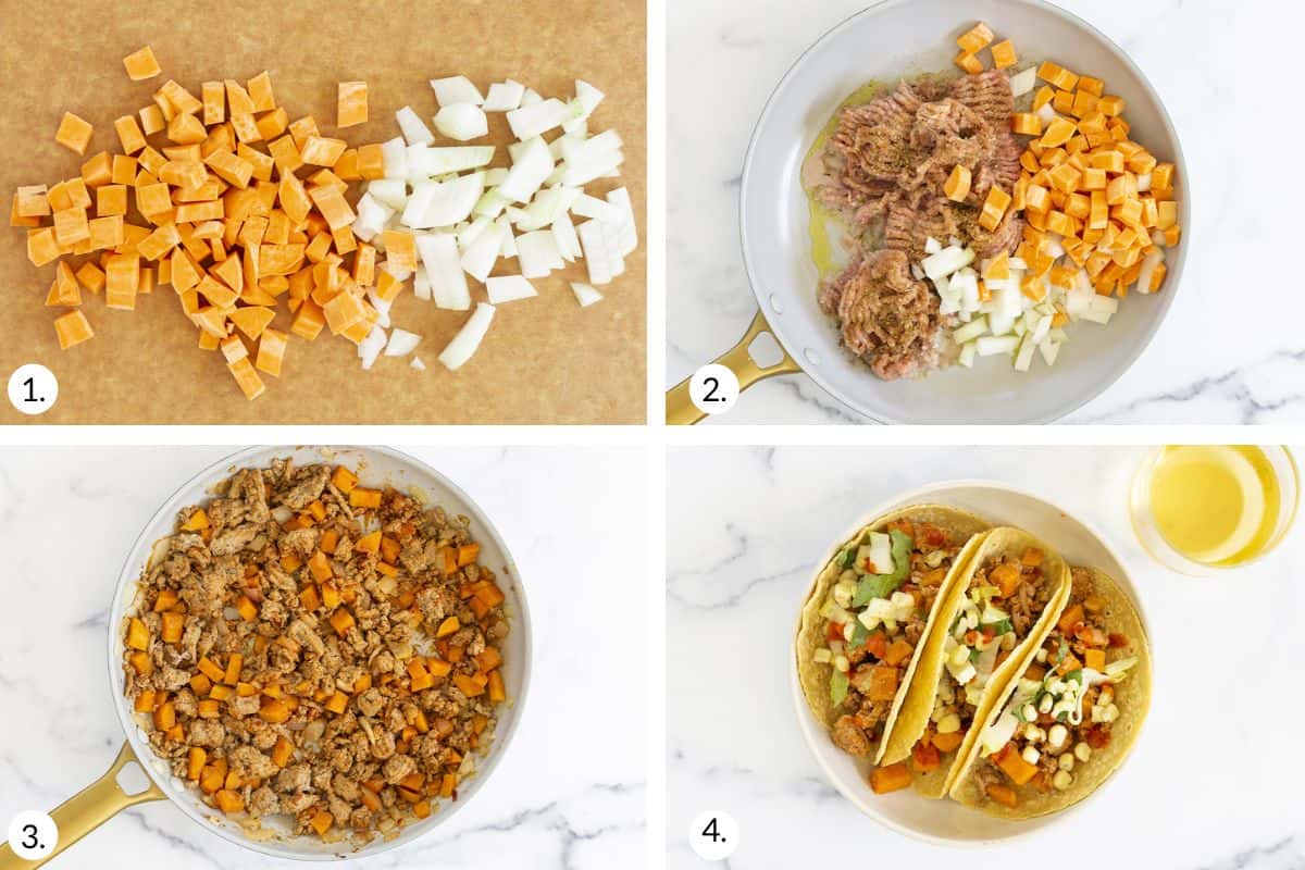 step by step instructions on how to make turkey sweet potato tacos