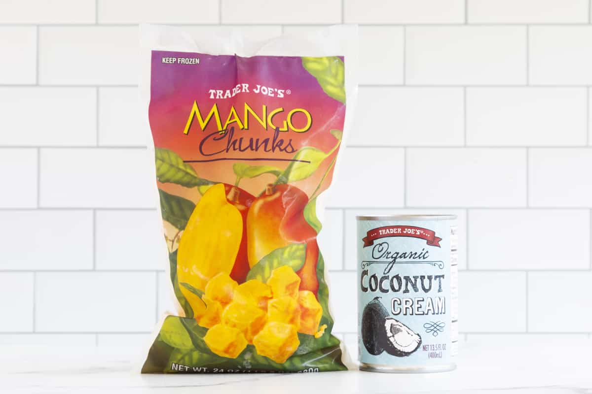 Ingredients for mango sorbet on countertop.