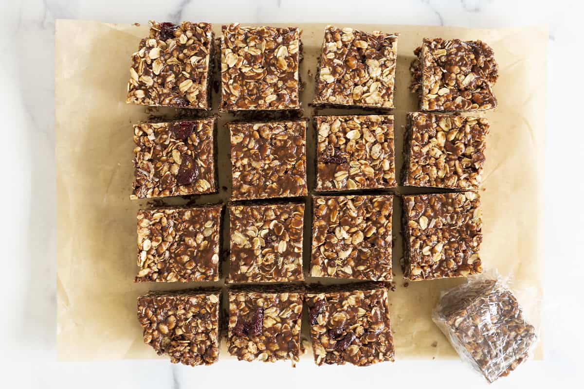sliced chocolate granola bars on parchment paper.