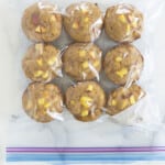 peach muffins in freezer bag on countertop