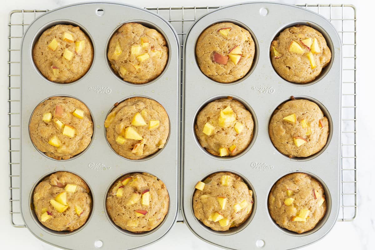 peach muffins in muffin tin after baking